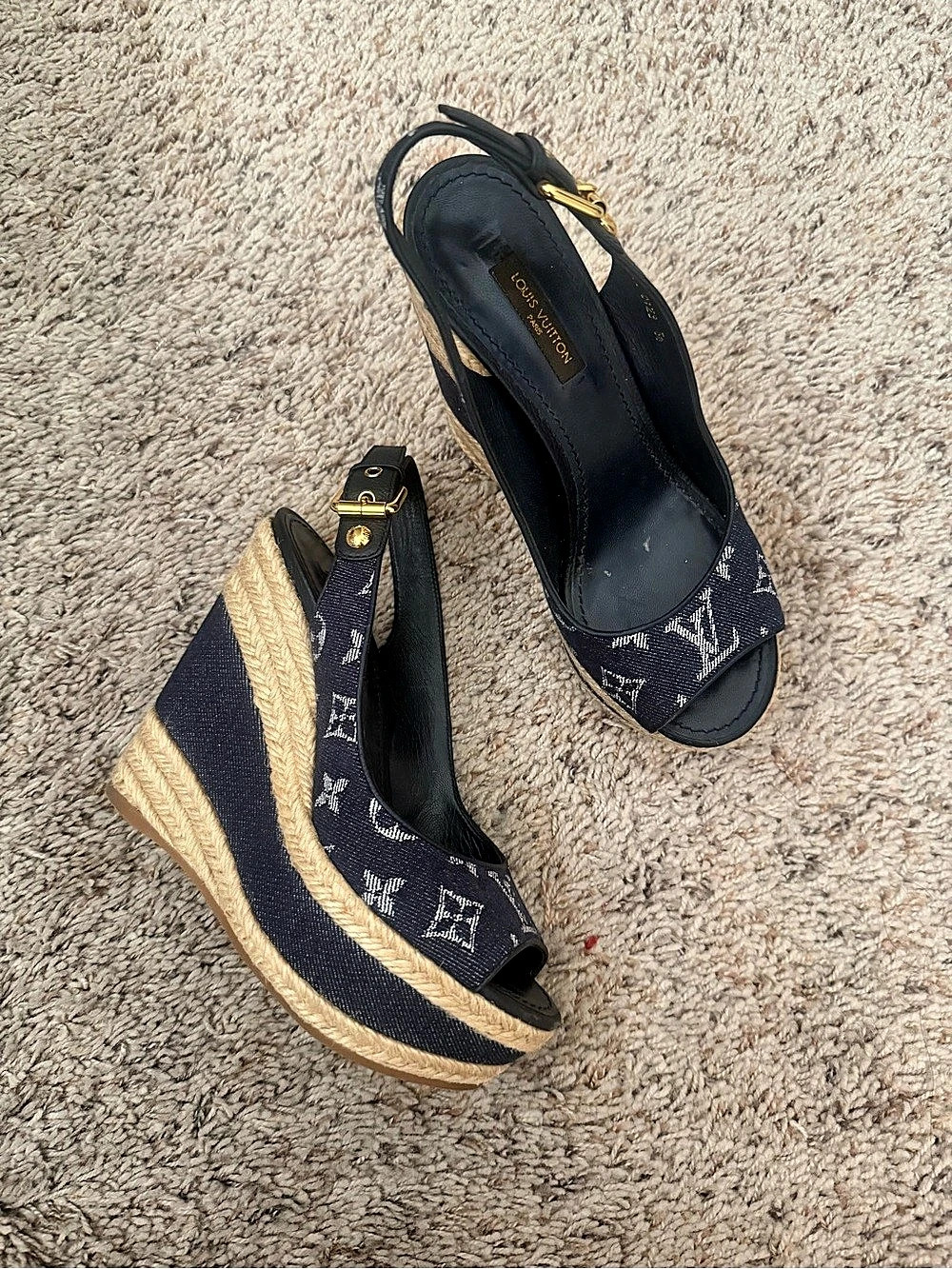 Louis Vuitton Monogram Denim Espadrille Wedge Sandals Blue & Beige US 6.5